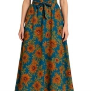 India Fall Blue Floral Brown Mustard Bow Orange Maxi Skirt Large